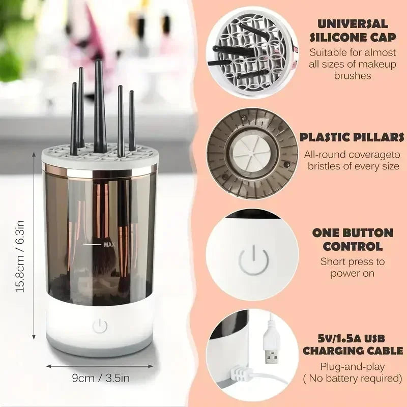 Portable Electric Makeup Brush Cleaner – USB Rechargeable, Fast Cleaning with Brush Collars